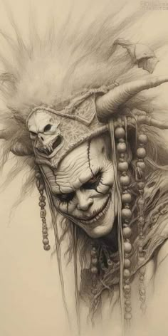 a pencil drawing of a creepy clown with long hair and big fangs on his face