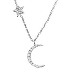 Is there anything more romantic than wearing the moon and the stars? This dazzling statement necklace accomplishes this feat with its moon and star motif and shimmering diamonds. The perfect gift for yourself or someone you love, our 14k gold mini moon and star diamond necklace brings the celestial wonder of the universe to any neckline. It gleams and sparkles with each movement, featuring 29 hand-set diamonds on a 16-18" adjustable chain. Elegant Moon Shaped Necklace With Star Charm, Elegant Moon-shaped Necklace With Star Charm, Celestial Diamond Star Charm Necklace, Celestial Diamond Necklace With Star Charm, Diamond Star Charm Necklace In Celestial Style, Celestial Silver Diamond Necklace Gift, Celestial Style Silver Diamond Necklace Gift, Celestial White Gold Necklaces With Diamond Accents, Celestial White Gold Necklace With Diamond Accents