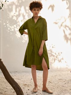 Spring Shirt Dress DRESSES KHARA KAPAS Spring Cotton Tunic Shirt Dress, Green Cotton Shirt Dress For Spring, Casual Green Cotton Shirt Dress, Green Cotton Shirt Dress For Daywear, Green Shirt Dress For Daywear, Green Summer Dress With Placket, Green Relaxed Fit Shirt Dress For Work, Green Cotton Collared Dress, Green Collared Cotton Dress