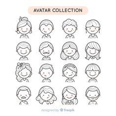 the avatar collection is drawn in black and white, with different facial expressions on each face