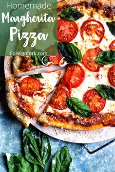 homemade margherita pizza with basil and tomatoes