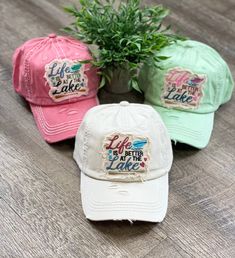 Life is Better at the Lake - Lake Life Hat - Distressed - 3 Colors! Great for boating, vacation, jeeping, or a day at the beach! Vintage Distressed Beach Hat, Distressed Summer Beach Hats, Distressed Hats For Beach In Summer, Distressed Beach Hat For Summer, Auburn Baseball, Pool Gifts, Beach Jeep, Caps Game, Distressed Hat