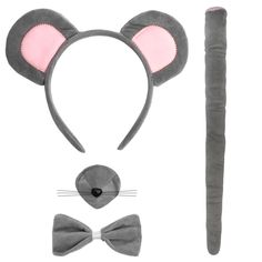 a set of ears, nose, and tail for a mouse costume is shown in grey