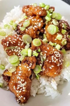 a white plate topped with rice and meat covered in sesame seeds on top of it