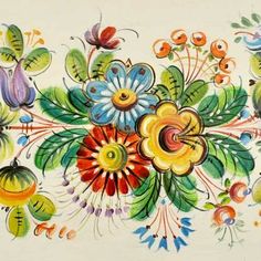 an artistic painting of flowers and birds on a white background with oranges, yellows, blue, and green leaves