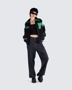 The vibes are... stylish, and bada*s 🙌 This two-piece set featuring a black jersey tube top, a black varsity jacket, and black-washed balloon pants will have everyone trying to get on your level 🖤 Black Varsity Jacket For College In Spring, Black Spring Varsity Jacket For Sports, Black Cotton Outerwear For Campus, Black Sporty Outerwear For Campus, Trendy Varsity Jacket With Baseball Collar, Trendy Black Varsity Jacket For Spring, Black Casual Outerwear For Campus, Casual Black Outerwear For Campus, Black Varsity Jacket For Spring