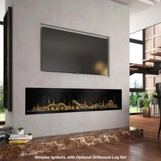 a large television mounted on the wall above a fireplace