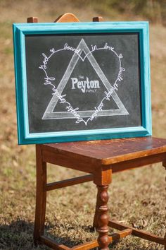 a chalkboard sign sitting on top of a wooden chair