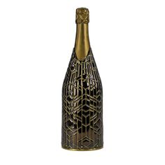 a bottle of champagne with an intricate design on the top and bottom, sitting in front of a white background