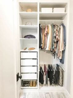 an organized closet with clothes and shoes