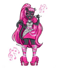 a drawing of a cat in pink with musical notes around her neck and hands on her hips