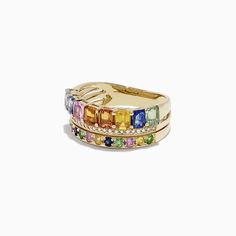 Effy Watercolors 14K Yellow Gold Multi Sapphire and Diamond Ring, 2.76 TCW Fine Jewelry Rainbow Multi-stone Rings, Multicolor 14k Gold Gemstones, Heirloom Multicolor Gemstone Ring, Rainbow Multi-stone Rings In 14k Gold, 14k Gold Rainbow Multi-stone Rings, 14k Gold Rainbow Rings With Multi-stone, Multicolor 14k Gold Jewelry For Wedding, Multicolor Oval Heirloom Ring, Heirloom Style Multicolor Oval Rings