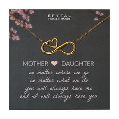 PRICES MAY VARY. Meaning: This infinity mother daughter necklace is the perfect way to celebrate your special and eternal bond. If you're looking for a mother daughter necklace in gold, look no further! Length, Measurements, Materials: This dainty mom necklace for women is made of 14k Gold Plated (a thick layer of gold bonded onto brass), and measures approximately 18". The unique infinity with embedded heart pendant with dainty chain is classy and timeless - perfect for everyday wear! Top Quali Meaningful Gold Necklaces As Gift For Mom, Mother's Day Jewelry With Message Card For Anniversary Gift, Mother's Day Gift Wrapped Necklace, Mother's Day Anniversary Gift Jewelry With Message Card, Elegant Engraved Necklace As A Gift For Mom, Personalized Inspirational Necklace For Mom, Infinity Necklace For Birthday And Mother's Day, Mother's Day Anniversary Gift Necklace With Message Card, Gold Jewelry With Message Card For Mother's Day