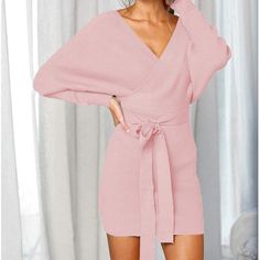 Pink Sweater Dress Never Worn Long Sleeve With Belt Feminine Winter Brunch Dresses, Long Sleeve Sweater Dress For Date Night In Spring, Winter Mini Sweater Dress For Brunch, Winter V-neck Sweater Dress For Brunch, Feminine V-neck Winter Dress, Spring Party Mini Sweater Dress, Spring Mini Sweater Dress For Date Night, Pink Fitted V-neck Sweater Dress, Elegant Pink Mini Sweater Dress