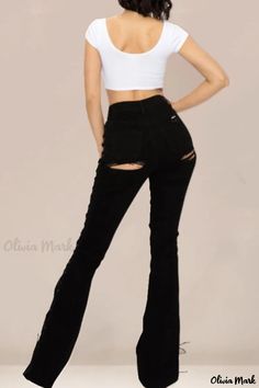 Olivia Mark - High-Quality Womens Black Solid Ripped Bandage Denim Jeans with a Stylish High-waisted and Regular Fit Edgy Ripped Fitted Jeans, Fitted High Waist Distressed Flare Jeans, Fitted High Waist Distressed Jeans, Edgy High Waist Flare Jeans For Fall, Ripped High Waist Fitted Jeans, High Waist Ripped Fitted Jeans, Dark Wash Mid-rise Bottoms For Night Out, Fitted High Waist Ripped Jeans, Dark Wash High Waist Jeans For Night Out