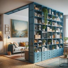 a living room filled with furniture and lots of shelves full of plants on top of them