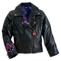 a black leather jacket with patches on it