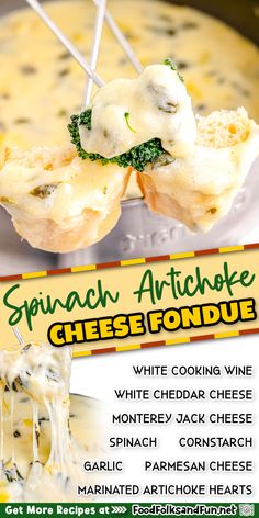 an advertisement for spinach artichoke cheese fondue with broccoli and white cheddar cheese