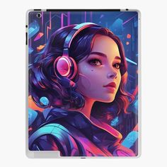 a girl with headphones on her face ipad case / skin decal for the new ipad