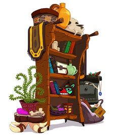 a book shelf filled with lots of books next to a potted plant and other items