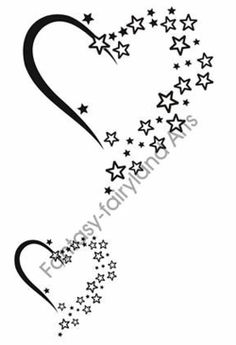 a black and white drawing of stars in the shape of a heart with an arrow