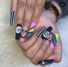 Dope Nail Designs Halloween, Halloween Nails Jack Skellington, Hocus Pocus Nails Acrylic, Jack And Sally Nail Designs, Coraline Nails Acrylic, Halloween Character Nails, Jack And Sally Nails, Nightmare Before Christmas Nails Designs, Wednesday Nails