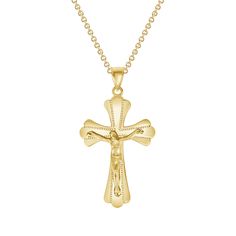 Let your genuine, true faith shine out with this expertly handcrafted solid gold crucifix pendant. This polished Crucifix is set against a textured background, the blend of the two captures the admirer's attention. Show off your spirituality with this crucifix! Product Information • Metal: 10k or 14k in Yellow/Rose/White Gold• Weight: 10k - 2.6 g. | 14k - 2.7 g. • Dimensions: 1.4" inches x 0.76" inches • Chain: Rolo Chain with Spring Ring Clasp - 1 g. SKU: QM316 Gold Crucifix Cross Necklace With Polished Finish, Gold Crucifix Necklace With Polished Finish, Yellow Gold Diamond Cut Crucifix Necklace, Yellow Gold Crucifix Necklace Tarnish Resistant, 14k Gold Crucifix Cross Necklace, 14k Gold Crucifix Necklace For Spiritual Wear, 14k Gold Crucifix Necklace Spiritual Style, Tarnish Resistant Yellow Gold Crucifix Necklace, Yellow Gold Tarnish-resistant Crucifix Necklace