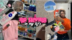 a woman in an orange shirt is looking at her cell phone while she shops for hair products