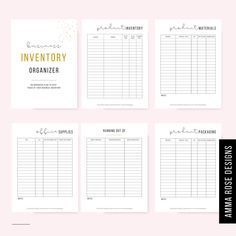 four printable inventory sheets with the words inventory and organizer on them in gold, black, and white