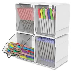 four bins with pens, pencils and markers in each one on the bottom