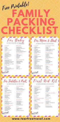 the free printable family packing checklist for moms and dads is shown