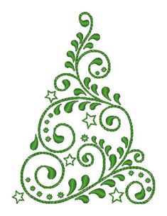 a green christmas tree with swirls and stars on the bottom, in white background