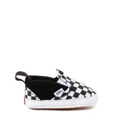 Vans Slip On V Checkerboard Skate Shoe - Baby - Black / White | Journeys Shoe Patterns, Baby Vans, Boys Vans, Newborn Hats, Easy Crochet Baby, Baby Shoe Sizes, Baby Sandals, Crochet Baby Shoes, Skate Shoe