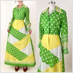 60s/70s lime green mod floral lace patchwork maxi dress. Shirtwaist style with a butterfly collar, buttons down the bodice and bishop sleeves. Lined through the body with sheer sleeves. Has a small, faint spot on the back shoulder and a small run in the skirt (both highly unnoticeable). A few marks on the lining not visible when wearing - please see photos. In overall great vintage condition.  *belt not included All measurements are taken with the garment laying flat and doubled for the bust, waist, and hips.  Bust: 38" Waist: 31" Hips: 44" (taken from lining) Shoulder to Shoulder: 15" Sleeve (center back collar seam to shoulder + shoulder to cuff): 31" Length (shoulder to hem): 57" Label: None Material: Not listed Size on Tag: N/A Approx. Fit: L   Some garments have been adjusted in photo Green Maxi Dress With Lace Trim For Spring, Fitted Green Maxi Dress With Patchwork, Retro Green Long Sleeve Maxi Dress, Green Long Sleeve Retro Maxi Dress, Vintage Green Spring Maxi Dress, Vintage Green Maxi Dress For Spring, Spring Vintage Green Maxi Dress, Retro Green Patchwork Dresses, Vintage Green Cotton Maxi Dress