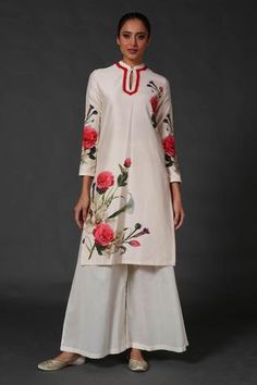 Shop for Balance by Rohit Bal White Chanderi Printed Kurta And Palazzo Set for Women Online at Aza Fashions Kurta And Palazzo, Fabric Painting On Clothes, Rohit Bal, White Kurta, Palazzo Set, Pants Fit, Painted Clothes, Indian Fashion Designers, Manish