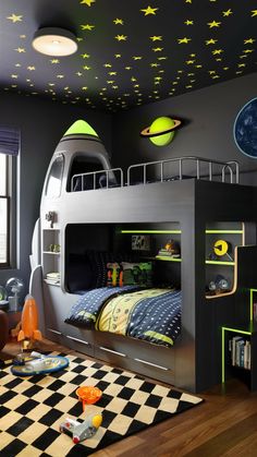 a child's bedroom with bunk beds and stars on the ceiling