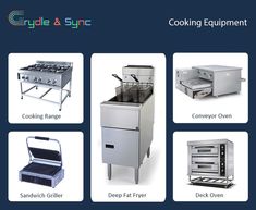 four different types of commercial kitchen equipment including ovens, sinks and frying pans