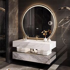 a white sink sitting under a round mirror in a bathroom