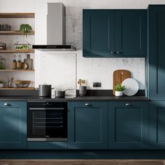 a kitchen with blue cabinets and white walls