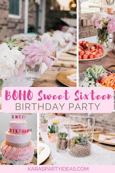 a pink and white birthday party with flowers, succulents, cake and candles