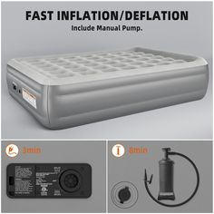 an inflatable air mattress is shown with instructions on how to install the pump