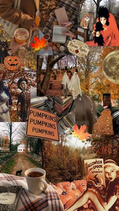 a collage of photos with pumpkins and people in the woods, including signs