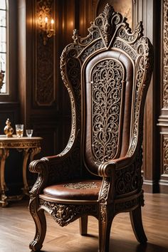 an ornate wooden chair with leather upholstered seat and back rests on a hard wood floor