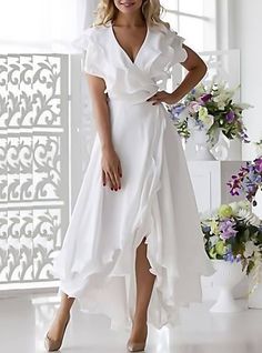 A-Line Mother of the Bride Dress Fall Wedding Guest Elegant High Low V Neck Asymmetrical Chiffon Short Sleeve with Ruffles Split Front 2023 2023 - US $155.99 Fitted White Chiffon Dress With Ruffles, White Fitted Chiffon Dress With Ruffles, Asymmetrical Chiffon Dress With Ruffles, White Fitted Chiffon Dress With Short Sleeves, Chiffon Maxi Dress With Ruffles And Asymmetrical Hem, Summer Draped Maxi Dress With Ruffles, Fitted Asymmetrical Chiffon Dress For Spring, Spring Asymmetrical Fitted Chiffon Dress, White Chiffon Dress With Asymmetrical Hem