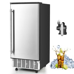 a stainless steel refrigerator next to an ice maker and bottle opener with water in it