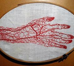 a hand is drawn on a piece of fabric in a hoop with red thread and white background