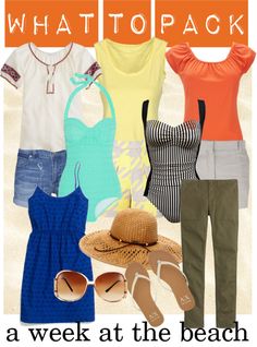 a woman's outfit and hat with the words, what to pack a week at the beach