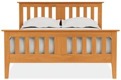 a wooden bed frame with two pillows on it