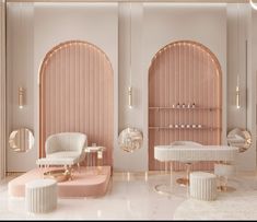 the interior of a salon with pink walls and arched doorways, white marble flooring