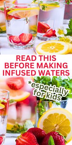 the recipe for making infused water with strawberries and lemons is shown in three different pictures